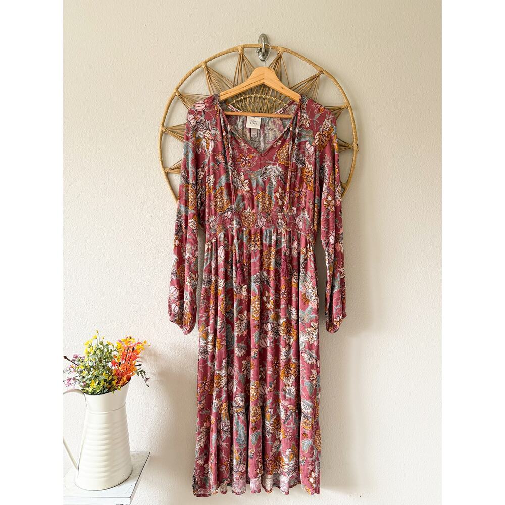 Knox Rose Prairie Peasant Cottage Mauve Floral Midi Maxi Dress w/ POCKETS SMALL